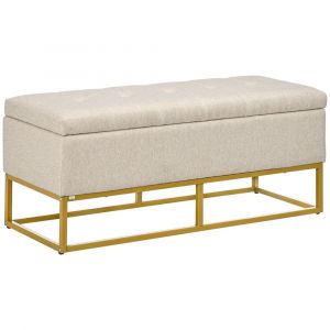 Banquette coffre de rangement acier dor&eacute; assise capitonn&eacute;e tissu beige