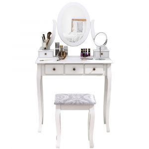 Coiffeuse et tabouret style baroque 5 tiroirs miroir pivotant blanc