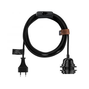 Lampe corde uni noir brillant cordon coton tiss&eacute; 4,5m