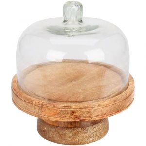 Pr&eacute;sentoir &agrave; g&acirc;teau avec cloche sur pied en verre et bois 19x19x17cm