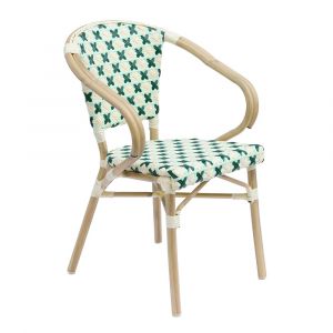 Fauteuil de terrasse bistrot parisien en aluminium et rotin vert fonc&eacute;
