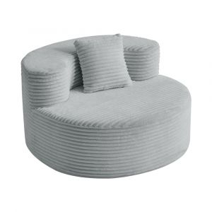 Fauteuil lounge rond en tissu c&ocirc;tel&eacute; gris avec coussin, style cosy