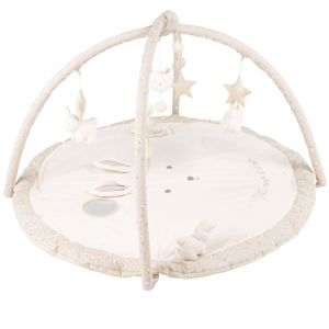 Tapis d'éveil bébé rond écru, blanc et taupe D90
