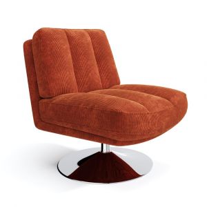 Fauteuil de salon pivotant pied chrome velours c&ocirc;tel&eacute; orange r&eacute;tro