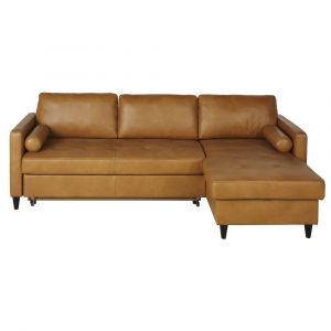 Canap&eacute; d'angle convertible 4/5 places en cuir caramel