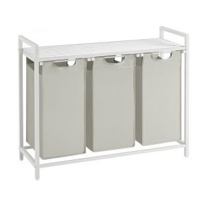 Panier &agrave; linge 3 compartiments effet bois acier tissu Oxford blanc