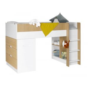 Lit mi-hauteur avec bureau et commode 90x190 Blanc Et Bois