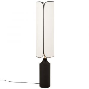 Lampadaire en céramique noire et abat-jour en polyester recyclé blanc et biais noir H140