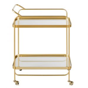 Desserte &agrave; roulettes en m&eacute;tal dor&eacute; et verre transparent