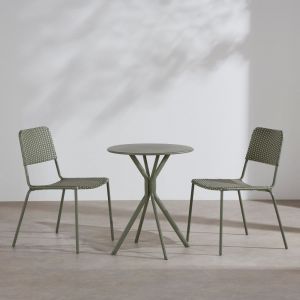 Ensemble table et 2 chaises de jardin en acier et r&eacute;sine tress&eacute;e verte
