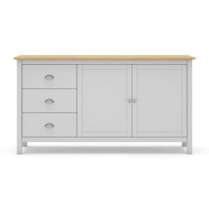 Buffet 2 portes, 3 tiroirs en pin massif blanc et plateau ch&ecirc;ne