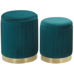 Set de 2 poufs en velours bleu paon avec rangement H40 cm et H36 cm