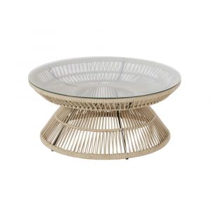 Table basse de jardin ronde en corde beige et verre D80