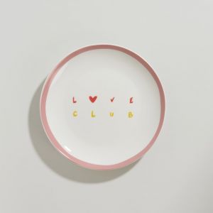 Assiette &agrave; dessert en porcelaine blanche, rose et jaune