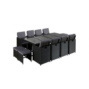 Salon de jardin 12 places en r&eacute;sine tress&eacute;e noir / gris