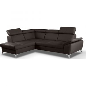 Canap&eacute; d'angle gauche convertible en cuir chocolat 5 places
