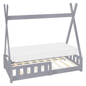 Lit tipi enfant 70x140cm sommier matelas et barri&egrave;re inclus gris clair
