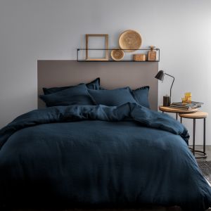 Housse de couette unie en lin lav&eacute; Bleu Marine 260x240cm