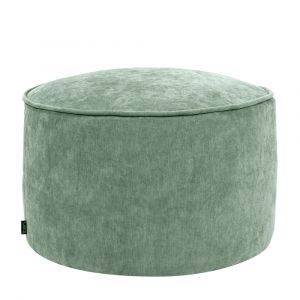 Pouf repose-pieds pouf rond  en tissu chenille textur&eacute; vert sauge