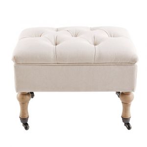 Pouf coffre capitonn&eacute; &agrave; roulettes en lin et coton &eacute;crus