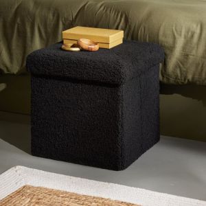 Pouf coffre carr&eacute; en tissu bouclette  38x38 cm Noir