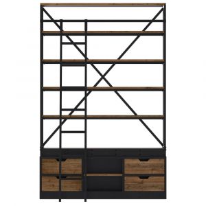 Biblioth&egrave;que 160 cm en bois et m&eacute;tal avec &eacute;chelle, 4 tiroirs