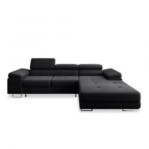 Canap&eacute; d'angle droit convertible 6 places en velours c&ocirc;tel&eacute; noir