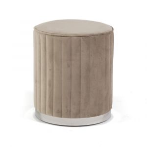 Pouf velours capitonn&eacute; base chrom&eacute;e beige/argent