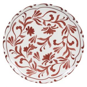Assiette plate en céramique blanche motif floral bordeaux