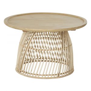 Table basse ronde en bois de manguier massif et rotin beige L70