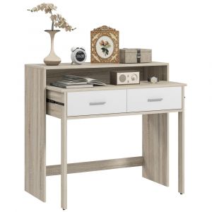 Console secr&eacute;taire 2 en 1 - plateau coulissant 2 tiroirs blanc naturel