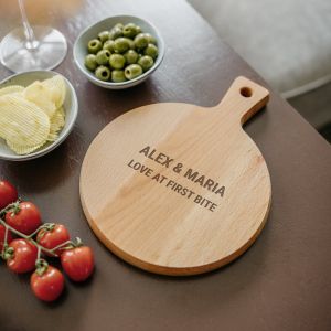 Plateau de service personnalis&eacute; - Bois de h&ecirc;tre - Forme ronde - Taille S - Avec gravure