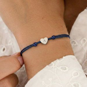 Bracelet en cordon personnalis&eacute; - Bleu - C&oelig;ur argent&eacute;
