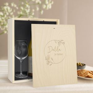 Coffret vin blanc avec 2 verres - Salentein Chardonnay - Couvercle grav&eacute;