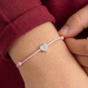 Bracelet en cordon rose pour enfant - Personnalis&eacute; - C&oelig;ur argent&eacute;