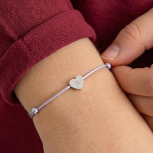 Bracelet en cordon violet pour enfant - Personnalis&eacute; - C&oelig;ur argent&eacute;