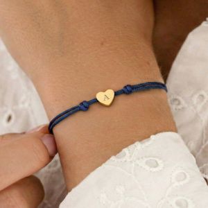 Bracelet en cordon personnalis&eacute; - Bleu - C&oelig;ur dor&eacute;