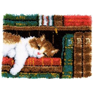 Tapis au point noué "chat sur livre", 53 x 39 cm