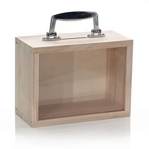 Valise en bois brut, avec fenêtre, 20 x 10 x 15 cm