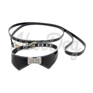 Collier et laisse cuir noir noeud papillon strass Max 30cm
