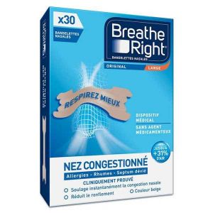 Breath Right - Bandelettes Nasales Original Taille Large, 30 Bandelettes - Nez & Gorge