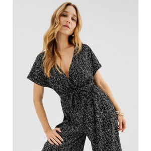 Combinaison pantalon haut cache-c&oelig;ur en maille fluide femme - M - noir - GEMO