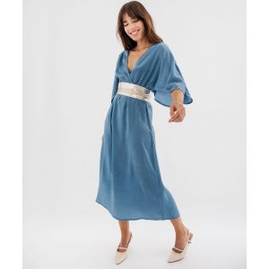 Robe longue en voile satin&eacute; &agrave; encolure cache-c&oelig;ur femme - 46 - bleu standard - GEMO