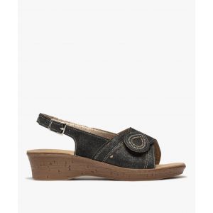 Sandales femme confort &agrave; talon compens&eacute;e avec bride scratch strass&eacute;e - 38 - noir standard - GEMO