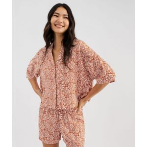 Veste de pyjama fluide courte imprim&eacute;e femme - XS - orange - GEMO