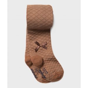 Collant chaud en maille fantaisie avec noeud b&eacute;b&eacute; fille - LuluCastagnette - 24/26 - marron standard - LULUCASTAGNETTE