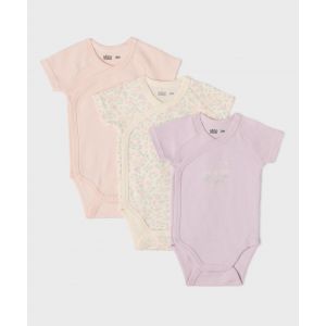 Body &agrave; manches courtes fermeture crois&eacute;e motifs fleuris b&eacute;b&eacute; fille (lot de 3) - 3M - violet clair - GEMO