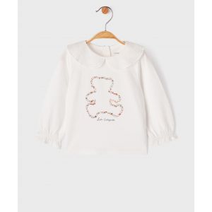 Tee-shirt manches longues à col Claudine en dentelle bébé fille - LuluCastagnette - 24M - blanc - GEMO
