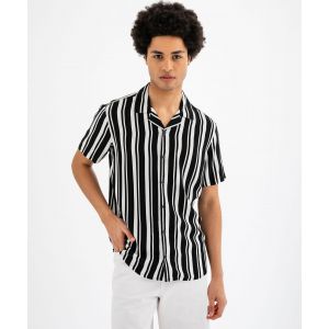 Chemise manches courtes et col cubain en viscose rayée homme - L - noir standard - GEMO