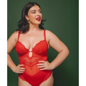 Body &agrave; armatures effet push-up en dentelle tulle et microfibre femme  - 95C - rouge standard - GEMO